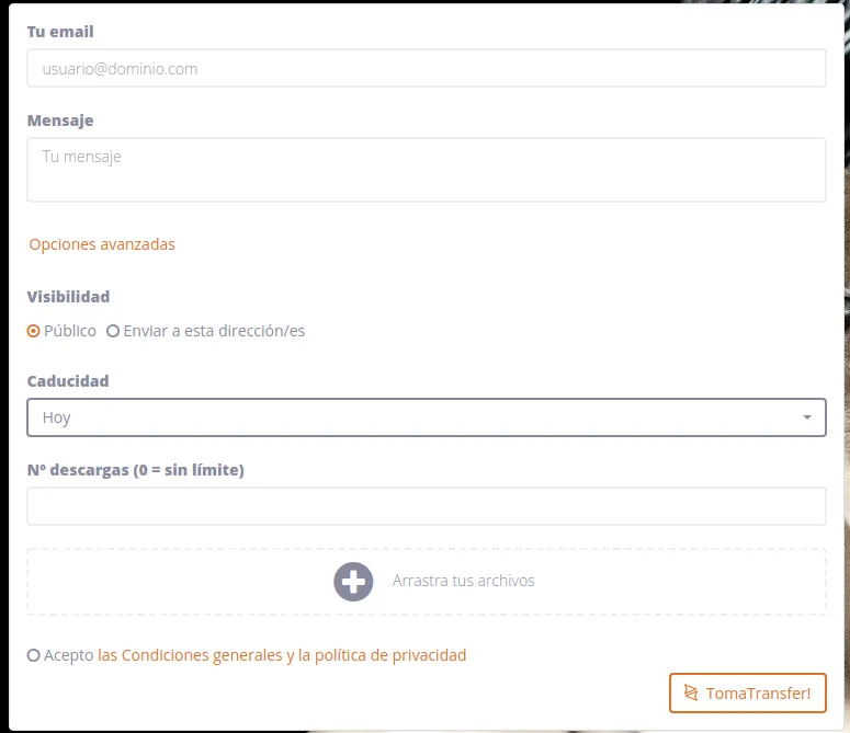 Toma fransfer opciones avanzadas