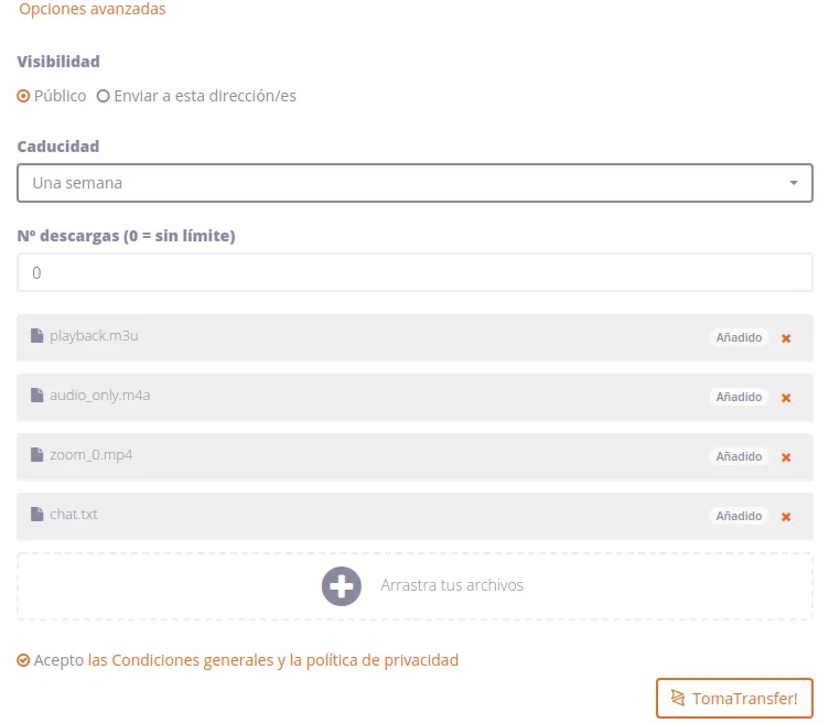 toma transfer ficheros añadidos
