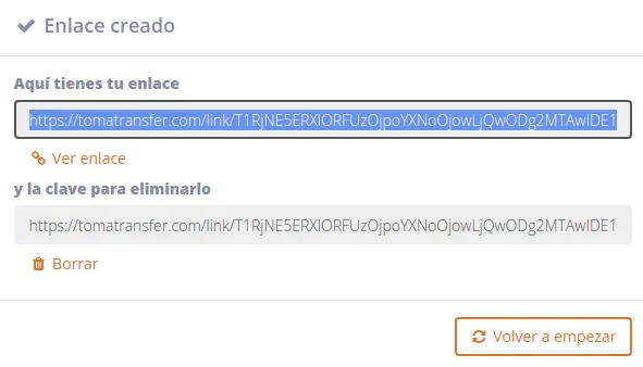 Toma Transfer Enlaces descarga y borrado