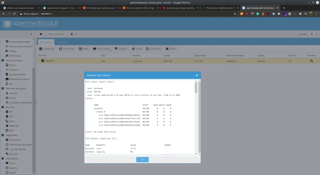 El ZFS dice que está Online!