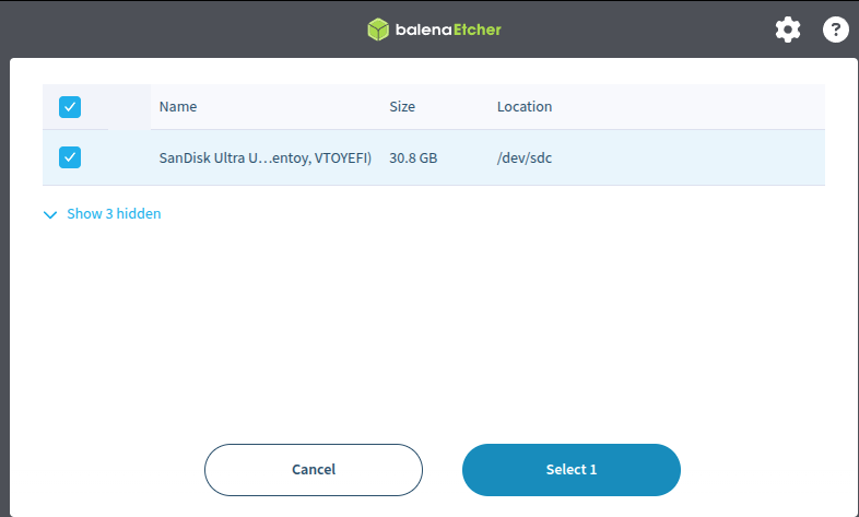 captura del balena etcher, del interfaz principal